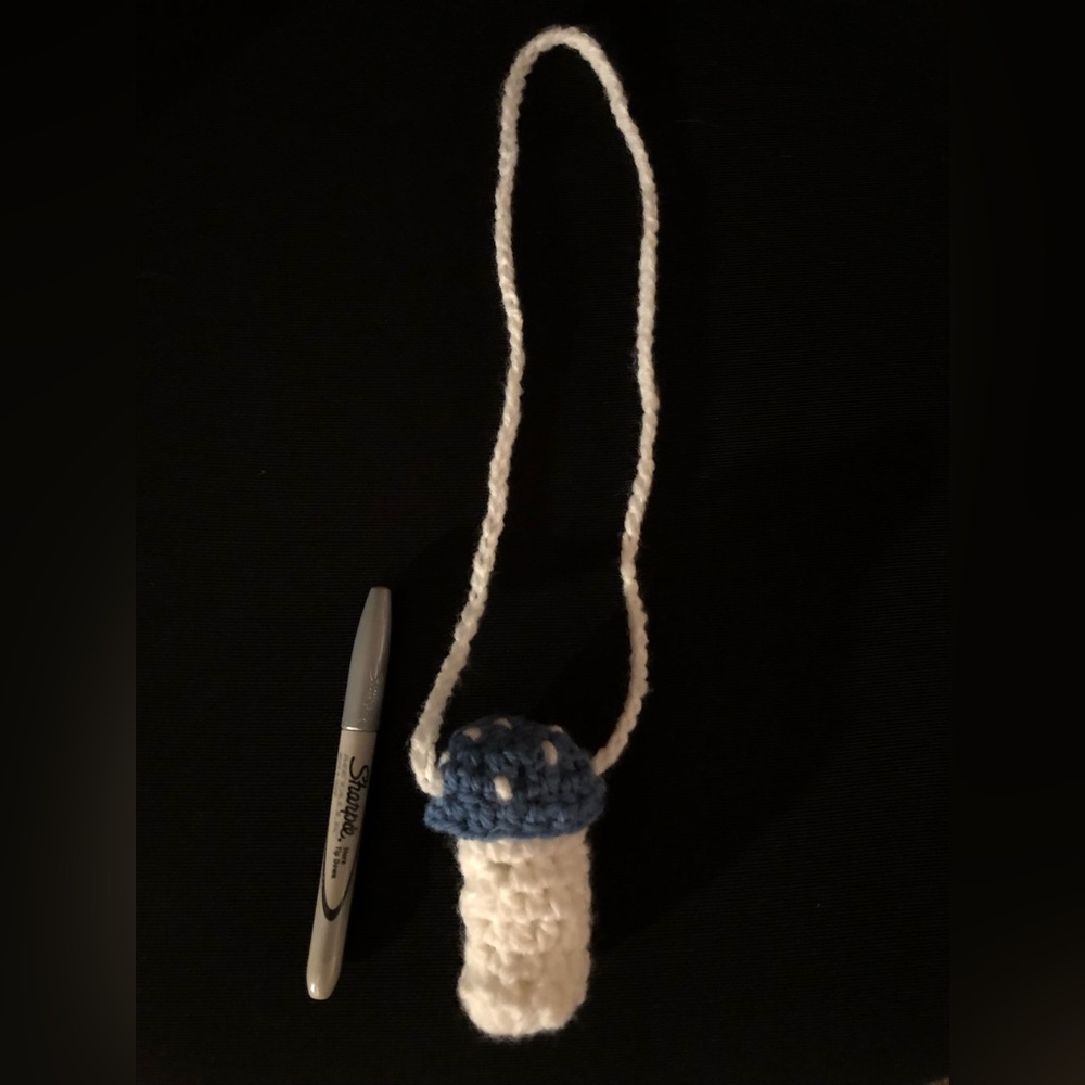 BLUE Mushroom pouch Necklace. Red one shows it holds chap/lipstick, lighter…
